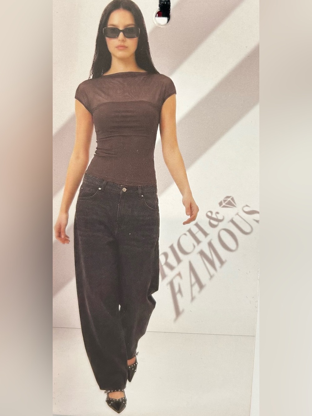 NWT Rich & Famous Black Sheer Mesh Yoke Cap Sleeve Stretch Top Size Small